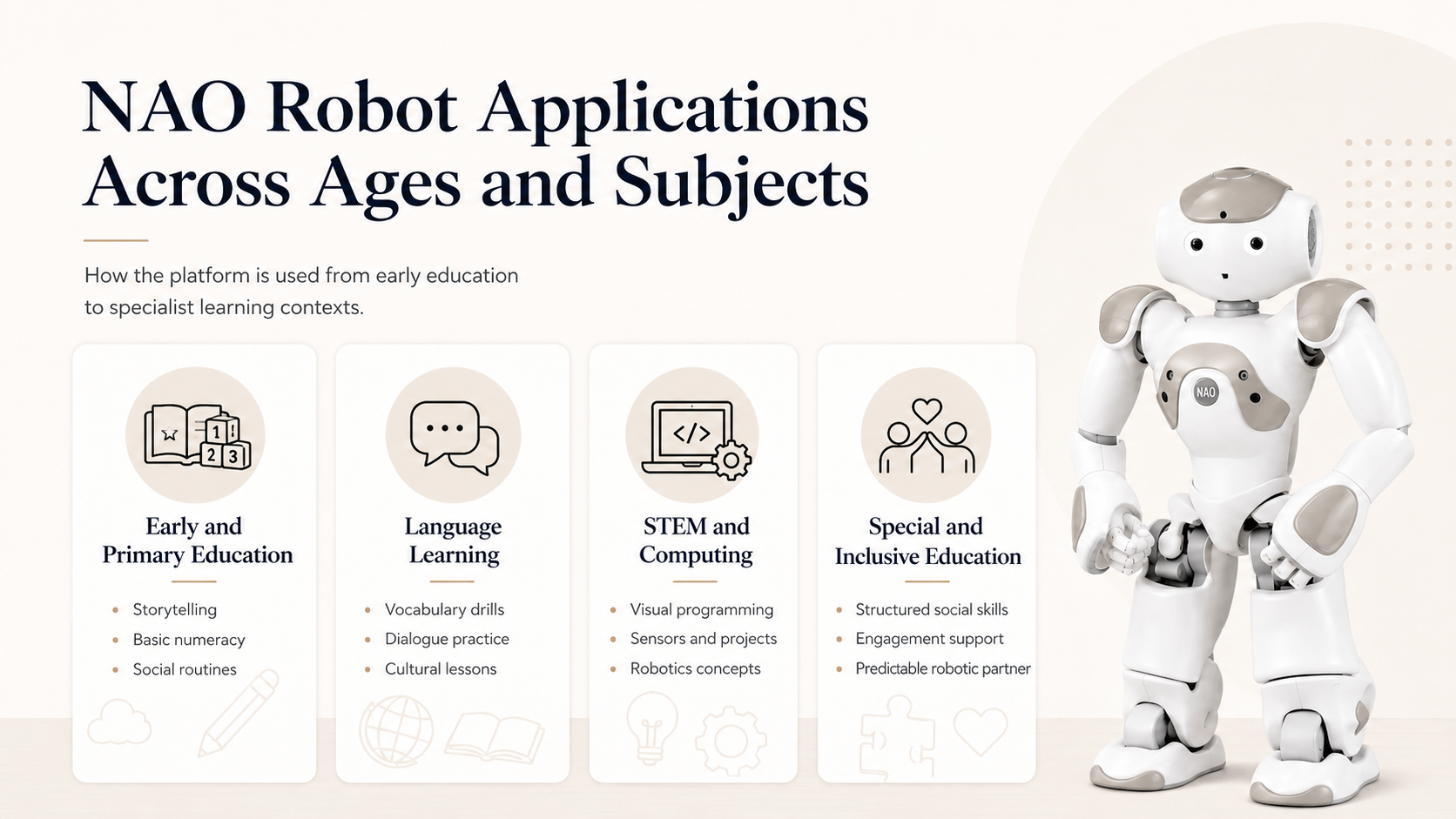 NAO robot applications across ages and subjects