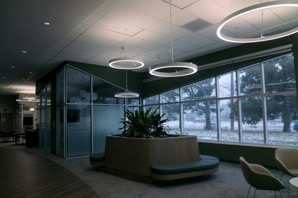 Modern office lobby where an AI receptionist could welcome visitors